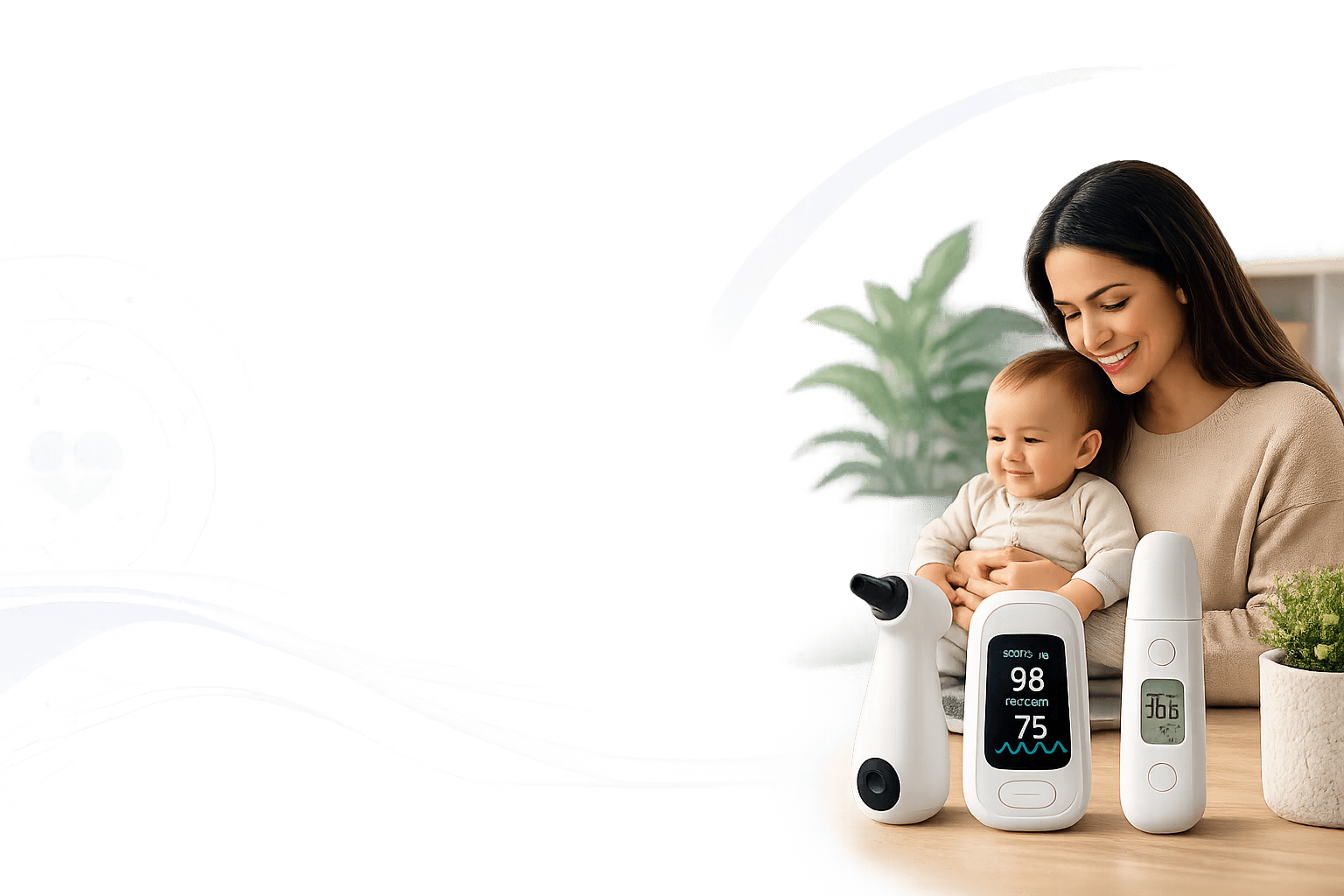 Mother holding a baby beside illustrative pediatric care devices